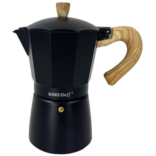 Kinghoff Aluminium Espressomaker KH-1888 – 12 Kopjes – Zwart Met Houten Handvat – Geschikt voor Inductie - 600ml - Percolator
