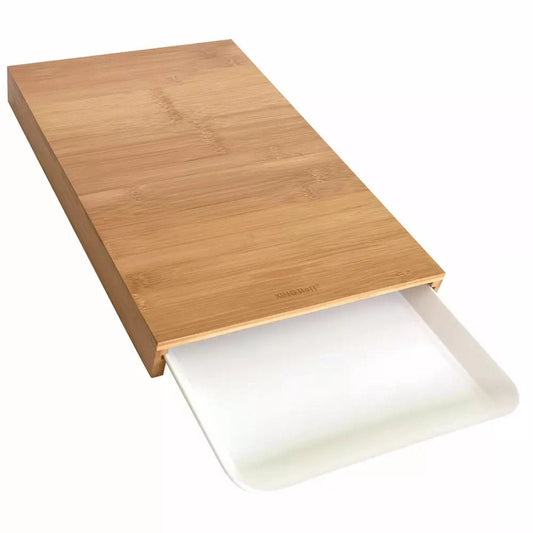Kinghoff Bamboe Snijplank met Opvangbak – Natuurlijk Materiaal, Anti-Slip, Multi-functioneel (38x25 cm) – Inclusief Wit Kunststof Serveerbakje