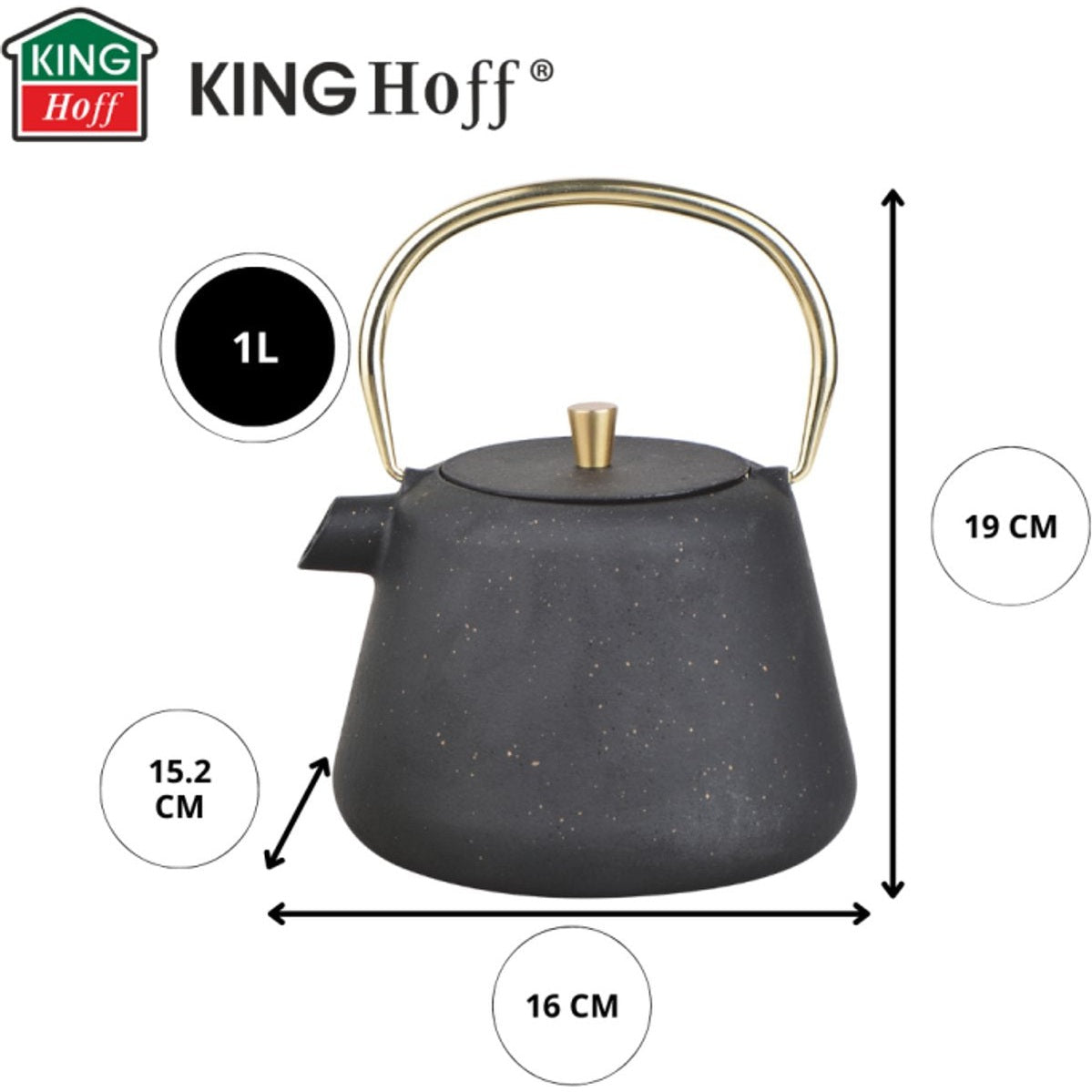 Kinghoff Gietijzeren Theepot met Zeef - 1 Liter - Zwart met Gouden Accenten - Model KH1932