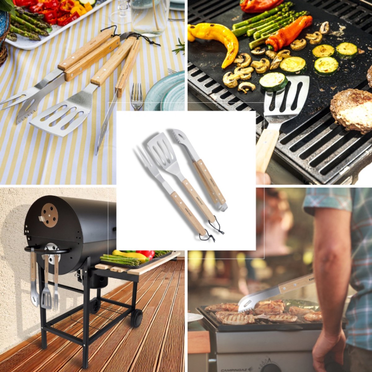 Kinghoff KH-1918 Barbecue Set 3-delig – RVS Grillset met Houten Handvatten – Tang, Spatel en Vork - Uiteraard ook geschikt voor Gasbarbecues , Kamado , Green egg en Weber.