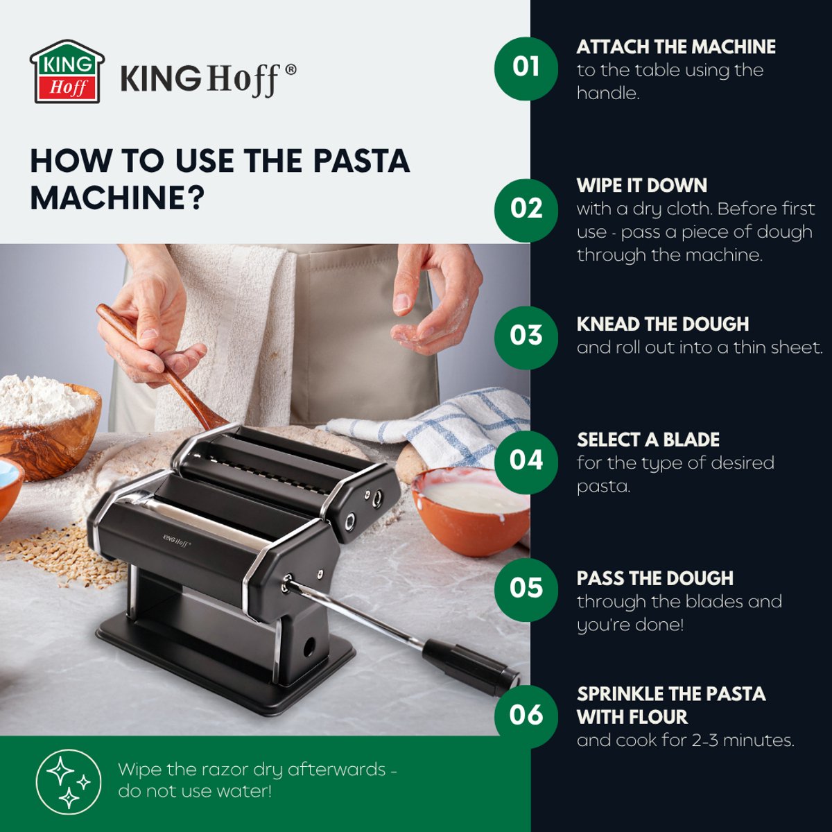 Kinghoff KH-1927 Pastamachine – Professionele Pasta Maker voor Lasagne, Tagliatelle (6mm) en Linguine (2mm) – Inklapbaar, Eenvoudig Schoon Te Maken