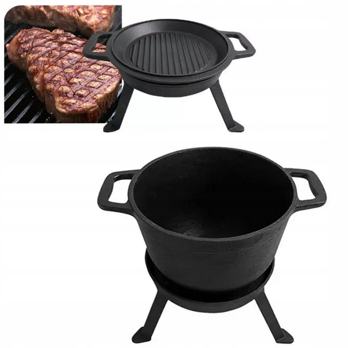 Kinghoff KH1733 Gietijzeren Campingpan Set - 3-in-1 - 8 Liter - Geschikt voor Vuur, Kookplaat & Oven - Incl. Grilldeksel & Onderstel - Camping - Kamperen