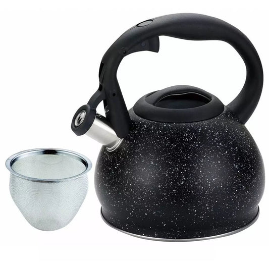 Kinghoff Waterkoker met Zeef - Roestvrij Staal 1.2L - Zwart Marmer Design - Geschikt voor Alle Kookplaten Inclusief Inductie - Theepot - Fluitketel