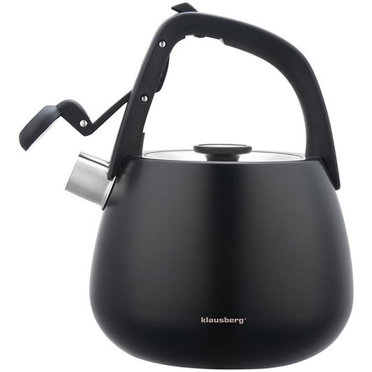 Klausberg 7774 - Fluitketel met fluit - 2.5 liter - RVS - Zwart met houten handgreep - MODESTNOVA