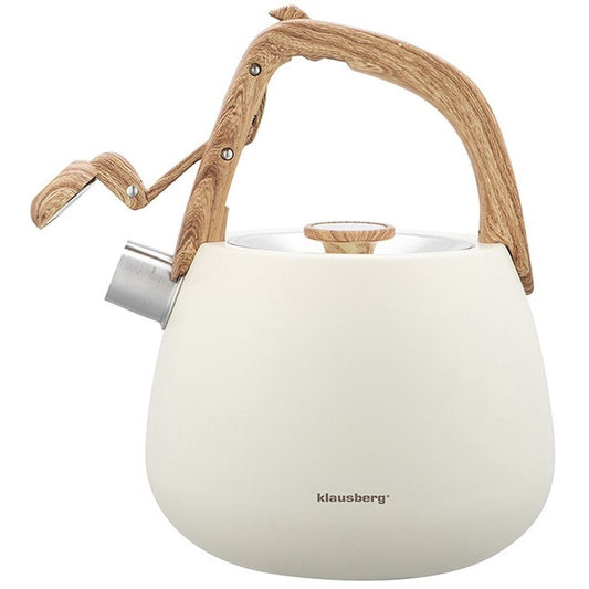 Klausberg 7775 - Fluitketel met fluit - 2.5 liter - RVS - Wit met houten handgreep - MODESTNOVA