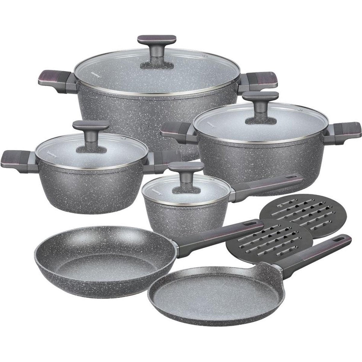 Klausberg 7832 - 12-delige Marmeren Pannenset in Grijs - Compleet en Functioneel Kookgerei met Glazen Deksels