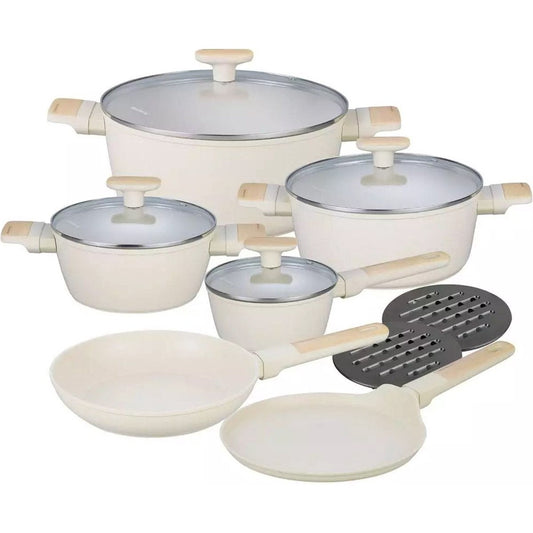 Klausberg 7833 - 12-delige Marmeren Pannenset in Beige - Compleet en Functioneel Kookgerei met Glazen Deksels