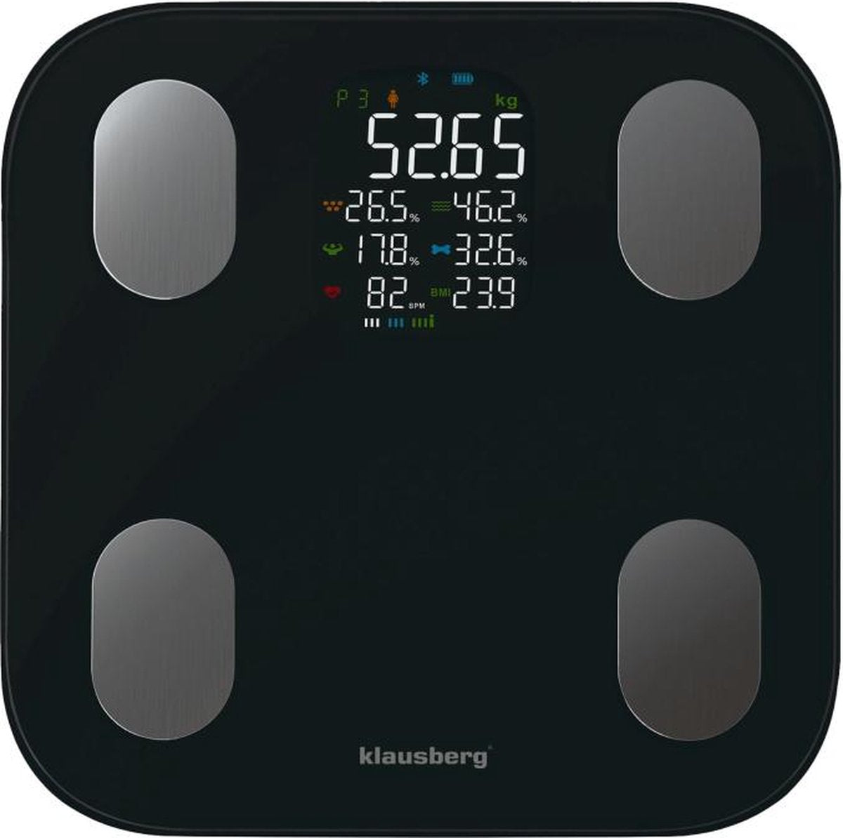 Klausberg 7854 - Slimme Bluetooth Personenweegschaal met Lichaamsanalyse – Gewicht, BMI, Vetpercentage, Spiermassa, Kleurendisplay - Zwart