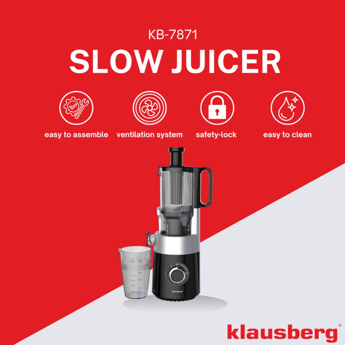 Klausberg KB-7871 Slowjuicer – Cold Press - Stille verticale juicer sapcentrifuge met brede vulopening – Fruitpers - Zwart/Zilver