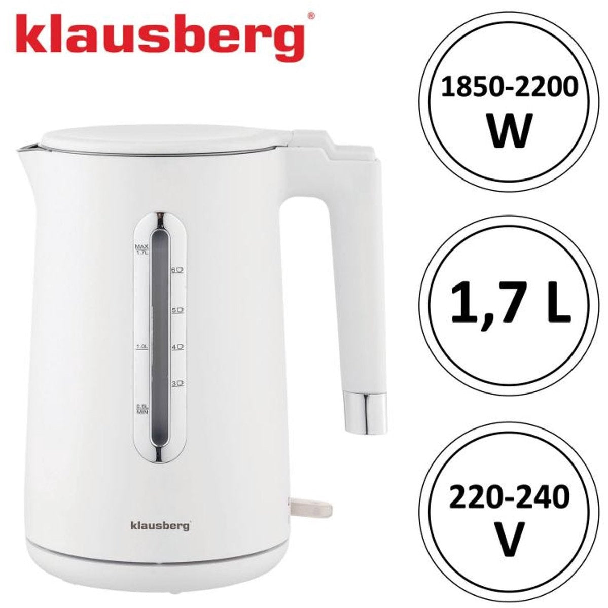 Klausberg KB-7890 Elektrische Waterkoker - 1,7L - Wit - 2200W - RVS & PP - Energiezuinig & Stil