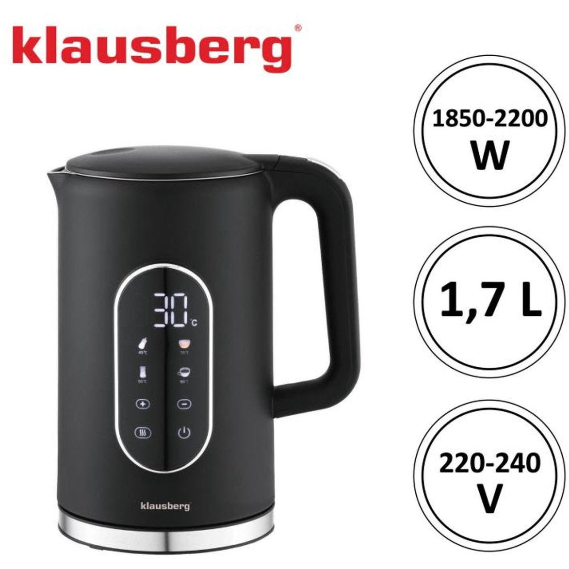 Klausberg KB-7891 Elektrische Waterkoker - 1,7L - Zwart - LED Bedieningspaneel - 13 Temperatuurstanden - 2200W