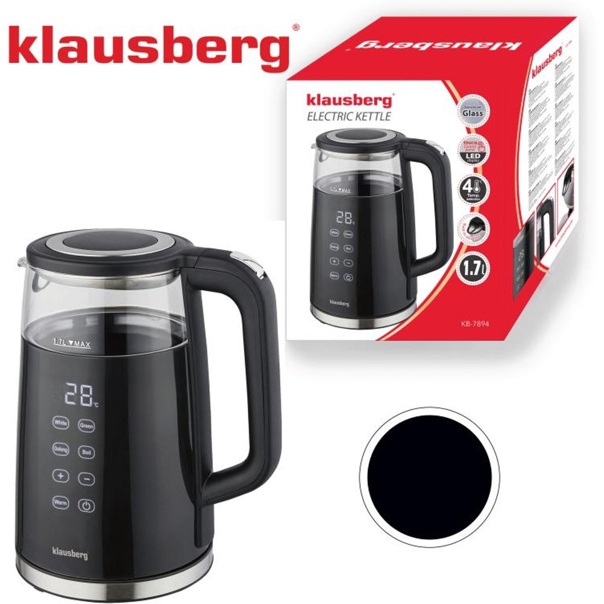 Klausberg KB-7894 Elektrische Waterkoker – 1,7 Liter, Zwart Glas, LED Bedieningspaneel, 13 Temperatuurstanden, Houd-warmfunctie