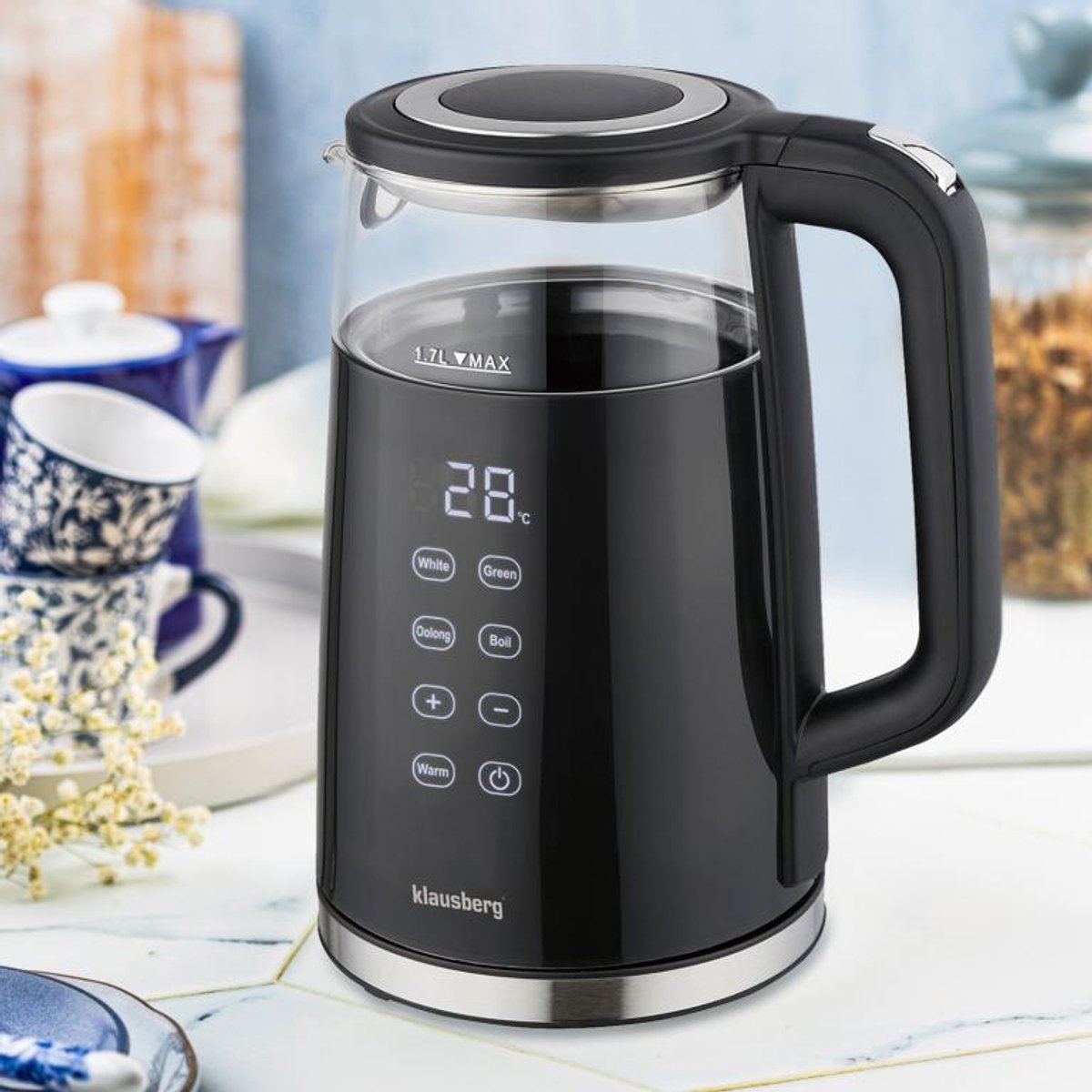 Klausberg KB-7894 Elektrische Waterkoker – 1,7 Liter, Zwart Glas, LED Bedieningspaneel, 13 Temperatuurstanden, Houd-warmfunctie