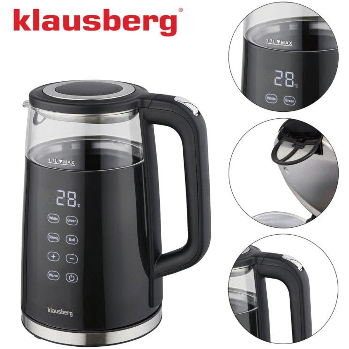 Klausberg KB-7894 Elektrische Waterkoker – 1,7 Liter, Zwart Glas, LED Bedieningspaneel, 13 Temperatuurstanden, Houd-warmfunctie