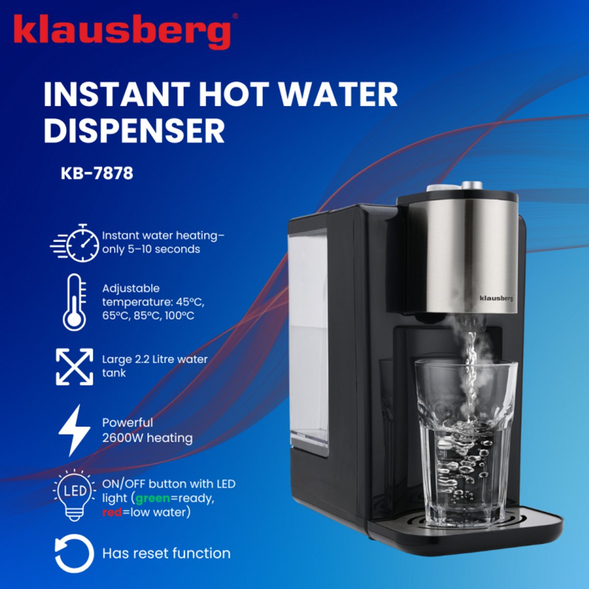 Klausberg KB7878 Hot Water Dispenser – 2,2 Liter – Temperatuurregeling (45-100°C) – Zwart & RVS – 2600W - Heetwaterdispenser