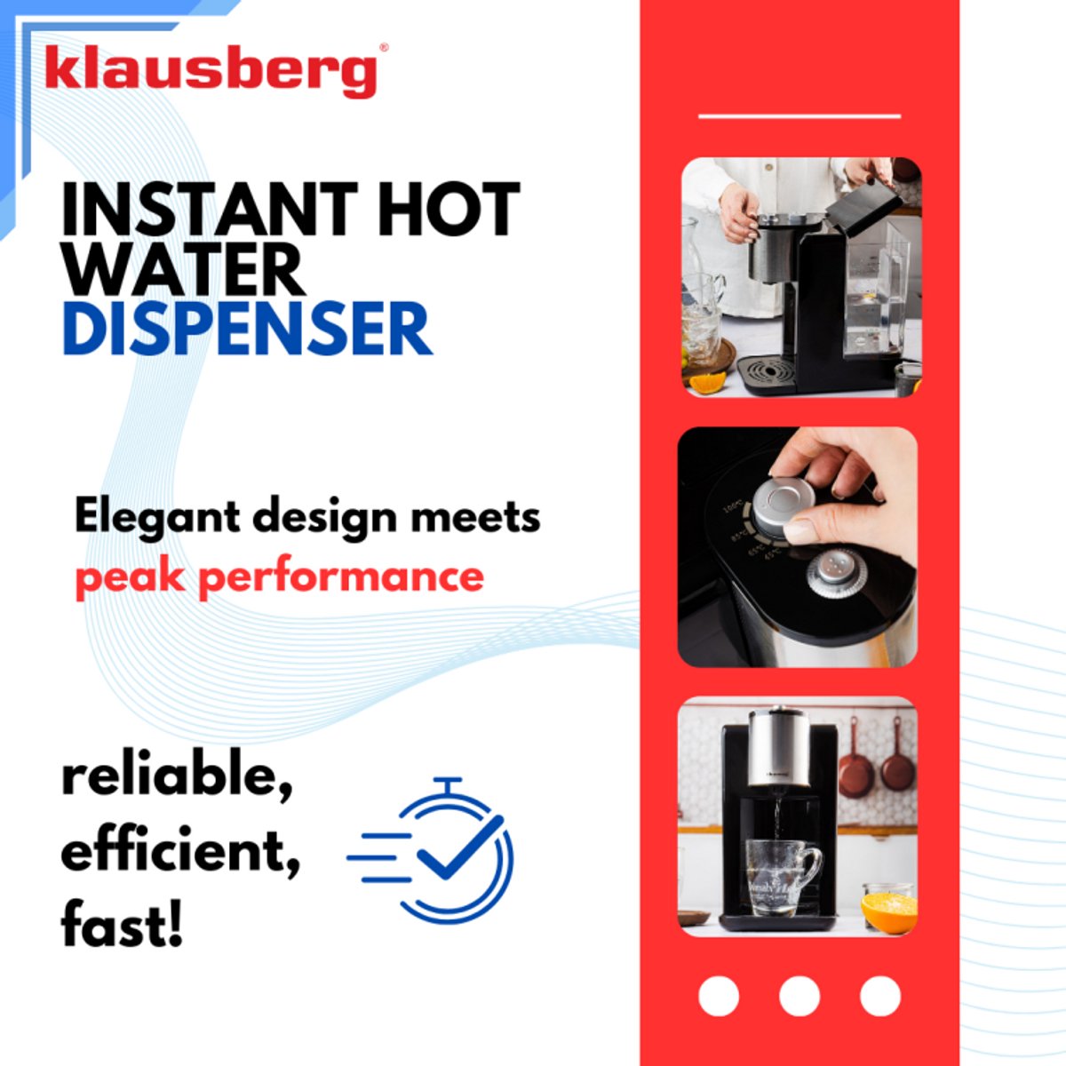 Klausberg KB7878 Hot Water Dispenser – 2,2 Liter – Temperatuurregeling (45-100°C) – Zwart & RVS – 2600W - Heetwaterdispenser