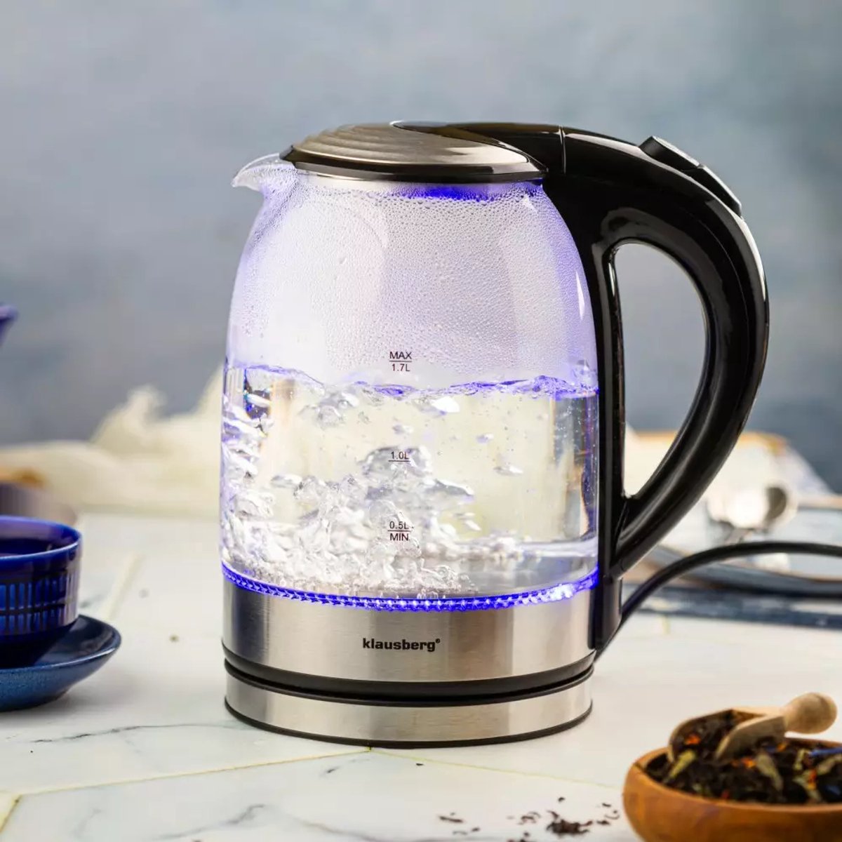 Klausberg KB7886 Elektrische Waterkoker - 1.7L, 1800W, Borosilicaatglas & RVS 304, LED Verlichting, 360° Draaibare Basis