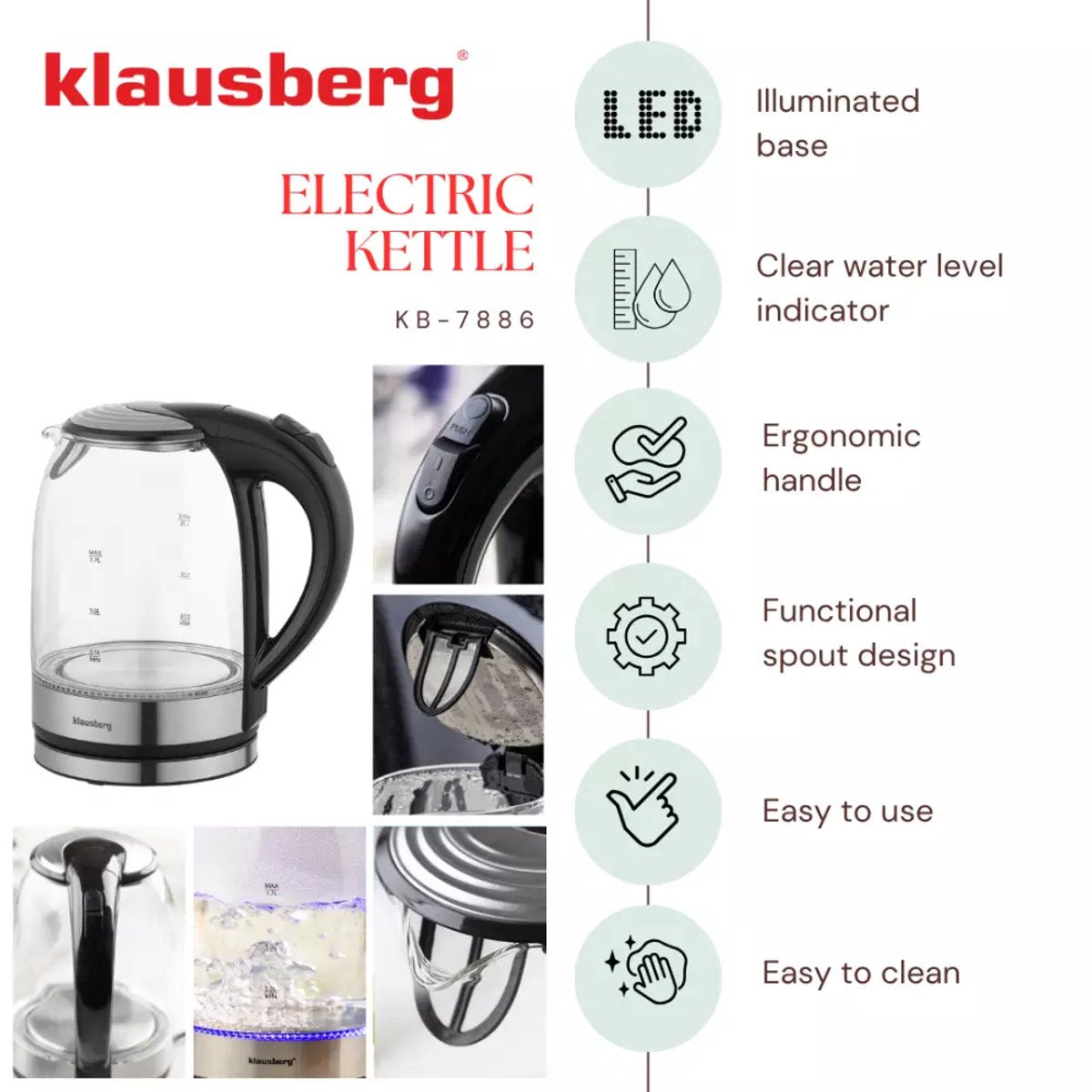 Klausberg KB7886 Elektrische Waterkoker - 1.7L, 1800W, Borosilicaatglas & RVS 304, LED Verlichting, 360° Draaibare Basis