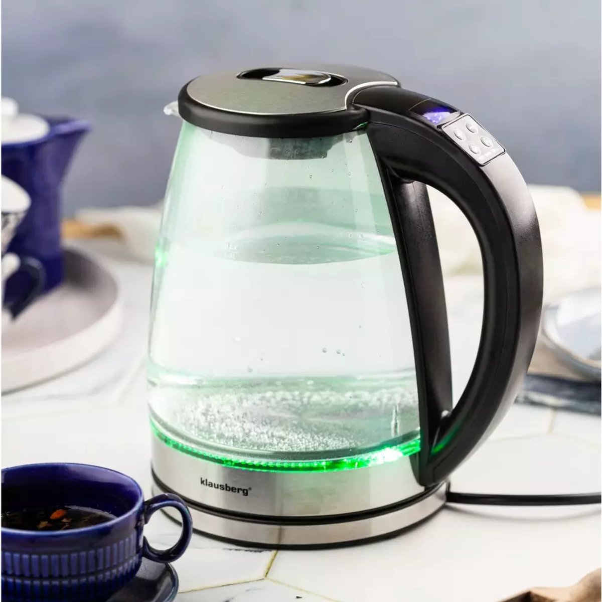 Klausberg KB7887 Elektrische Waterkoker – 1.8L, 1850-2200W, Borosilicaatglas & RVS 304, RGB LED, Temperatuurregeling - Kleur verandering door warmte