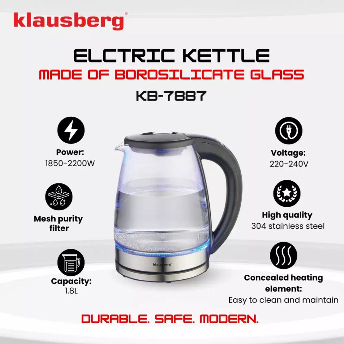 Klausberg KB7887 Elektrische Waterkoker – 1.8L, 1850-2200W, Borosilicaatglas & RVS 304, RGB LED, Temperatuurregeling - Kleur verandering door warmte