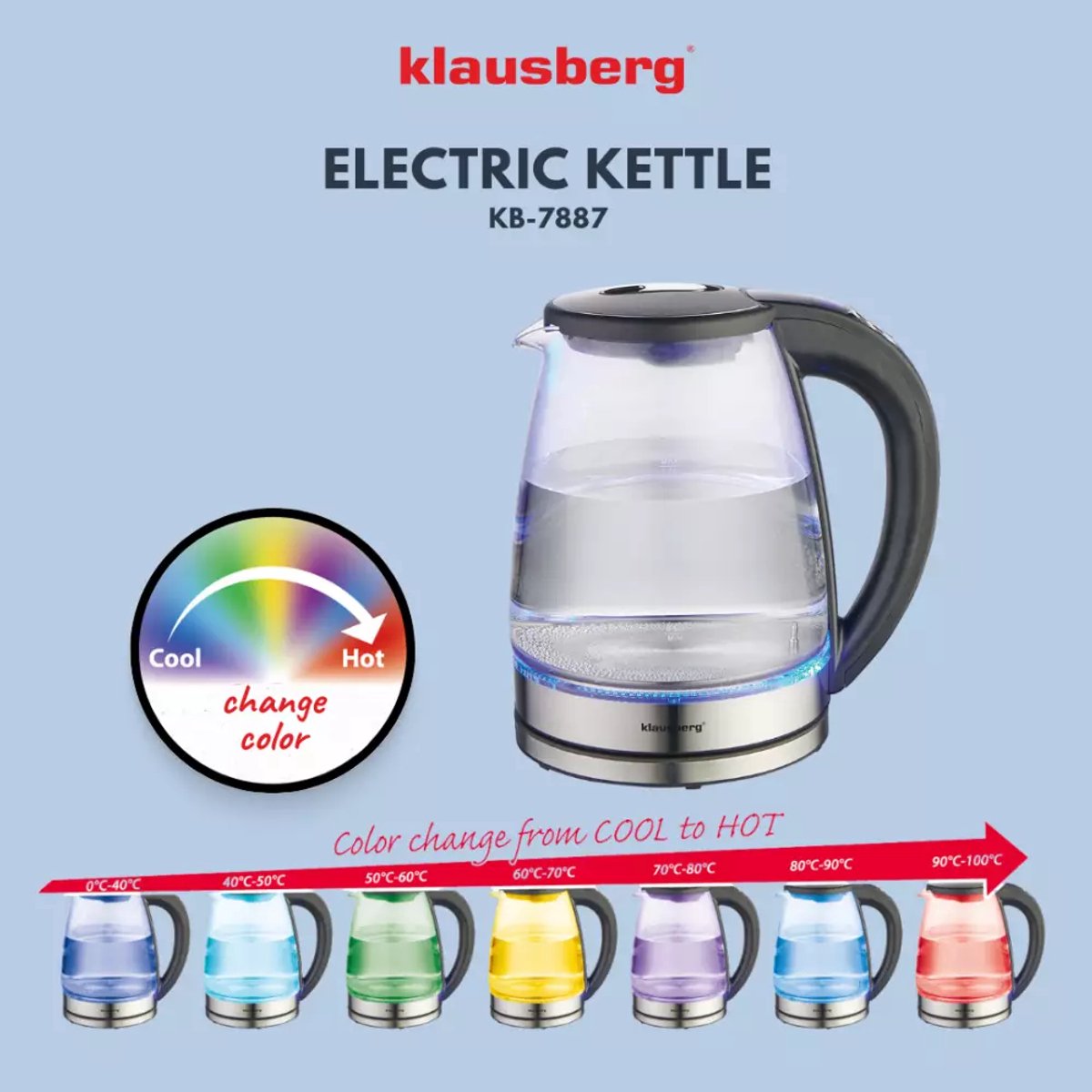 Klausberg KB7887 Elektrische Waterkoker – 1.8L, 1850-2200W, Borosilicaatglas & RVS 304, RGB LED, Temperatuurregeling - Kleur verandering door warmte