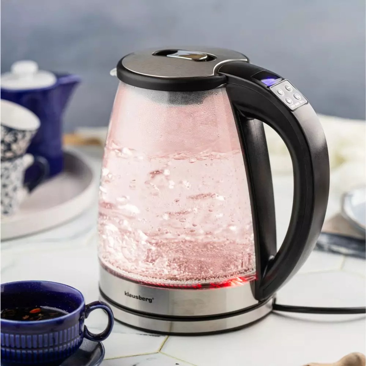 Klausberg KB7887 Elektrische Waterkoker – 1.8L, 1850-2200W, Borosilicaatglas & RVS 304, RGB LED, Temperatuurregeling - Kleur verandering door warmte