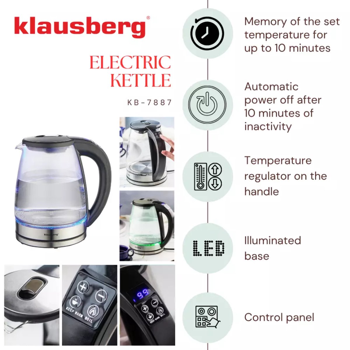 Klausberg KB7887 Elektrische Waterkoker – 1.8L, 1850-2200W, Borosilicaatglas & RVS 304, RGB LED, Temperatuurregeling - Kleur verandering door warmte