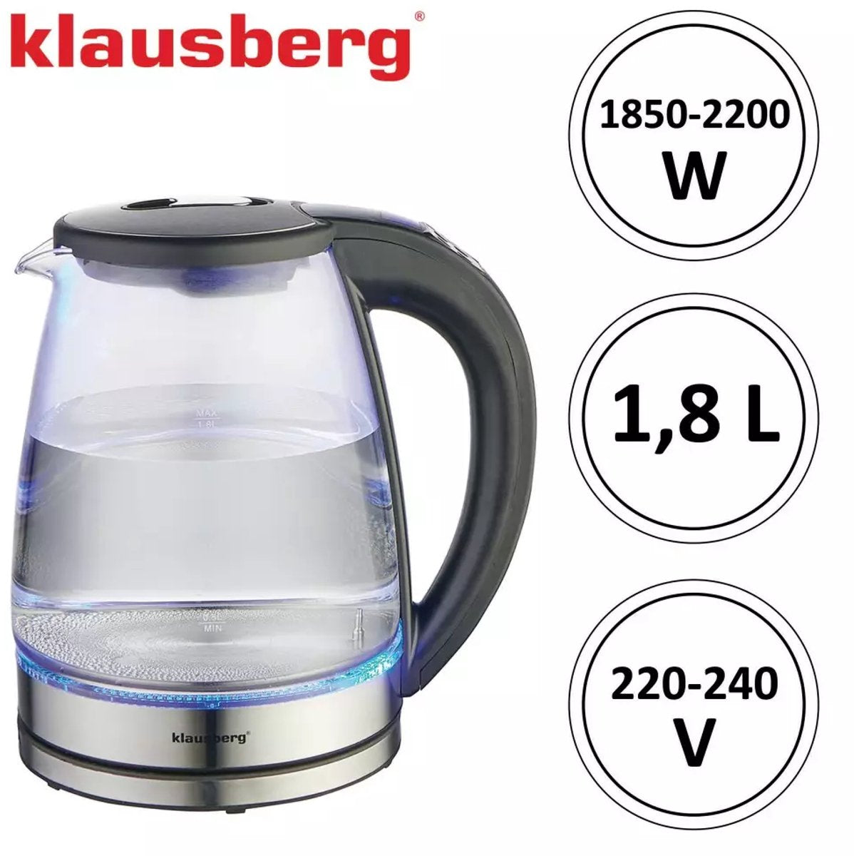Klausberg KB7887 Elektrische Waterkoker – 1.8L, 1850-2200W, Borosilicaatglas & RVS 304, RGB LED, Temperatuurregeling - Kleur verandering door warmte