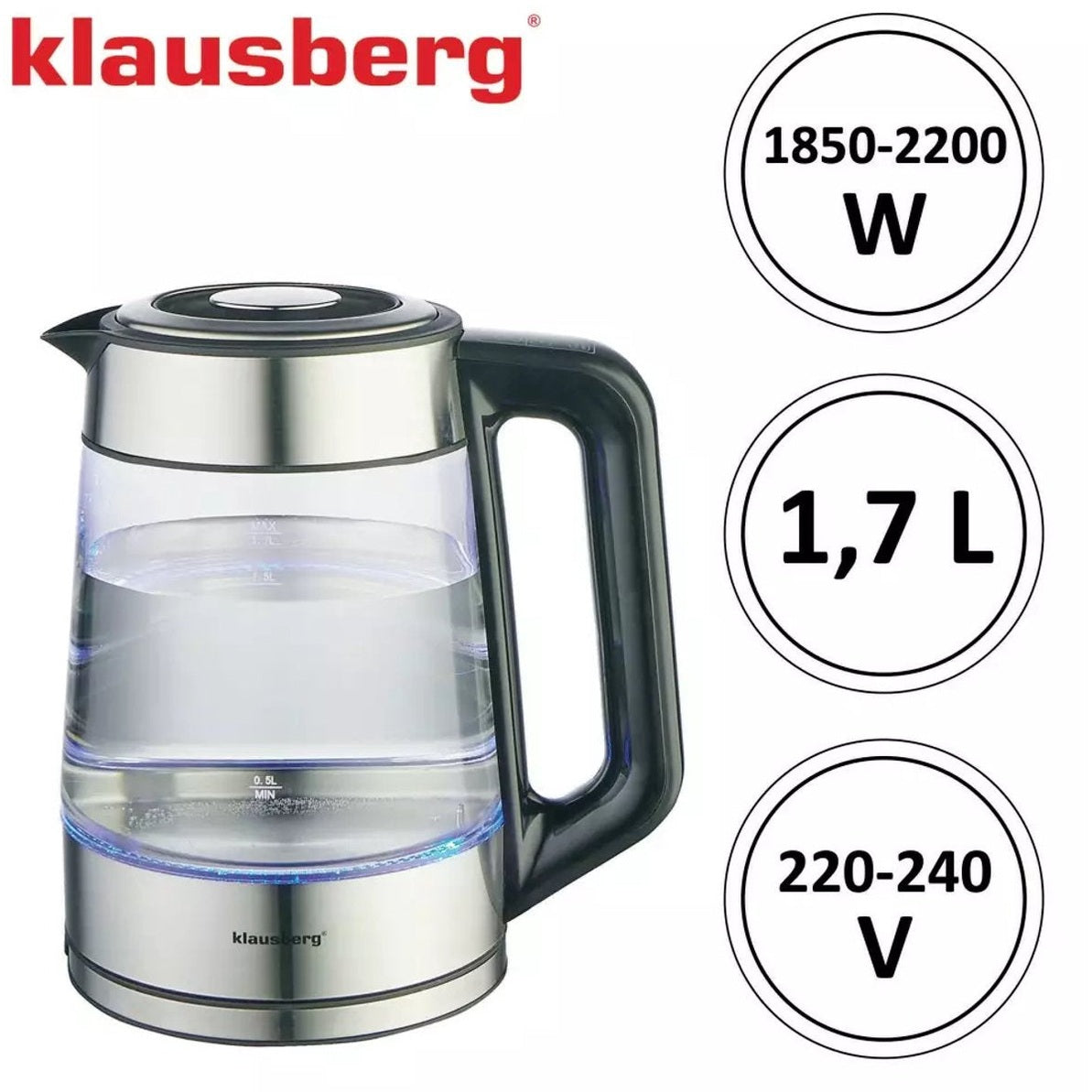 Klausberg KB7888 Elektrische Waterkoker – 1.7L, 1850-2200W, Borosilicaatglas & RVS 304, RGB LED, Temperatuurregeling - 40 tot 100 graden