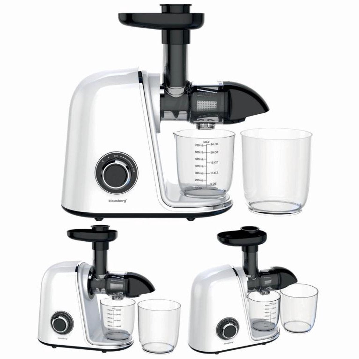 Klausberg Slow Juicer – 150W - 700ml | Cold Press | Groenten en Fruitpers – Met Pulpreservoir | Wit | Stille Horizontale Juicer met 7-Traps Perssysteem