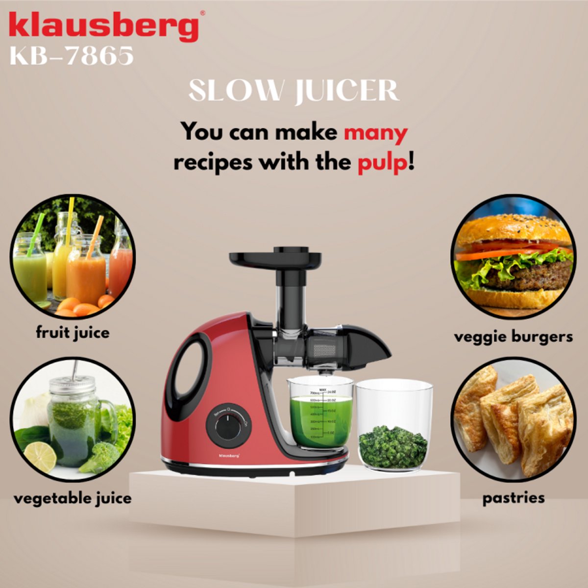 Klausberg Slow Juicer KB-7865 met pulpreservoir – 150W | Stille Juicer voor Groente, Fruit & Kruiden – BPA-vrij – Kersenrood - 700ml