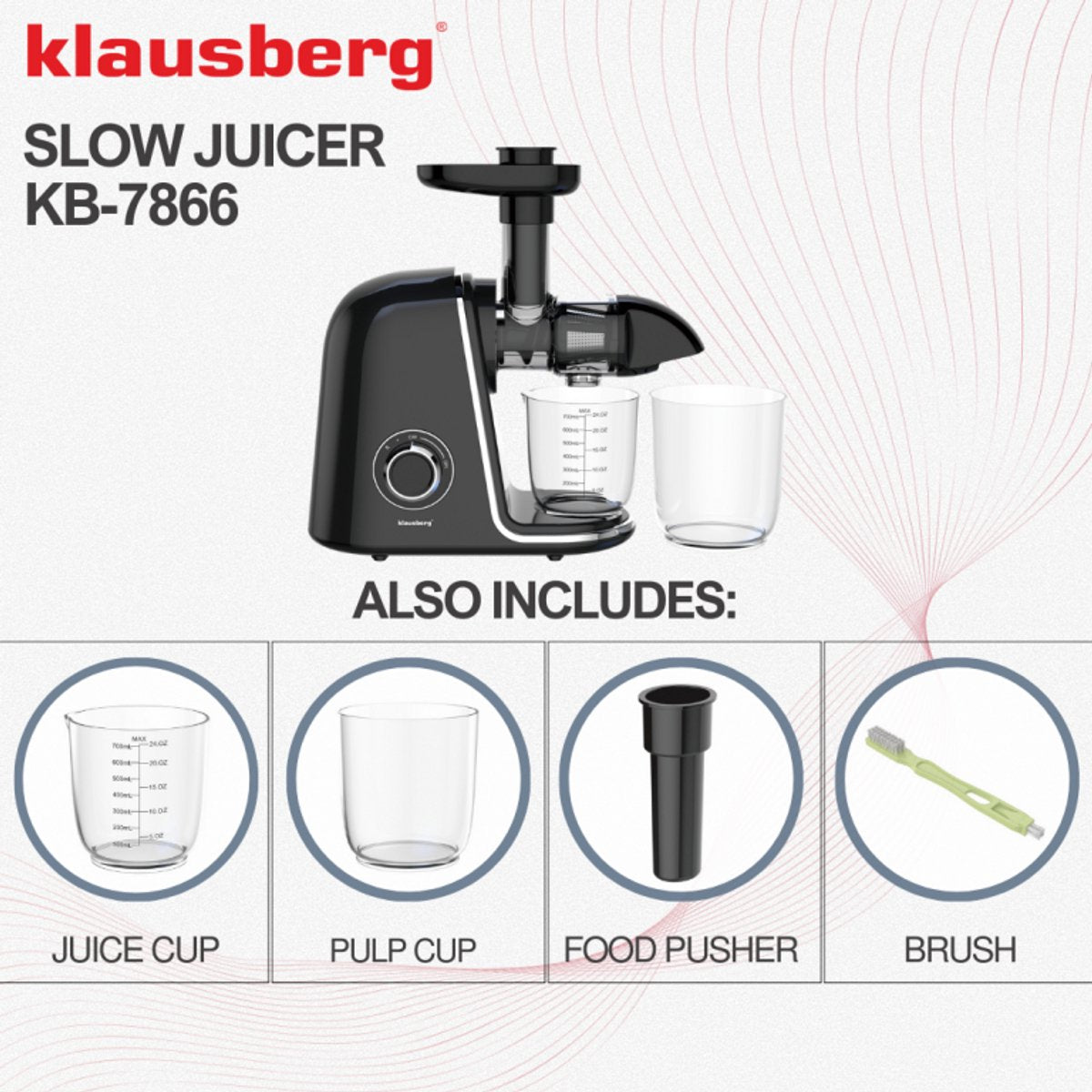 Klausberg Slow Juicer KB-7866 – 150W | Cold Press | Stille Juicer - Groenten en Fruitpers – Met Pulpreservoir - Zwart met Zilveren Accenten
