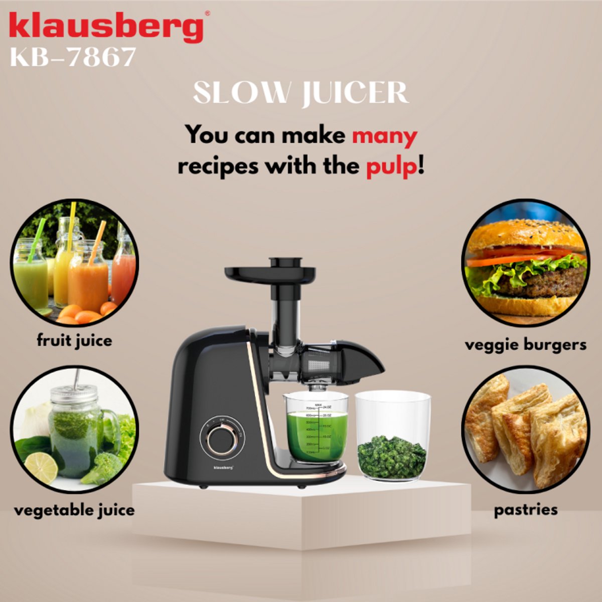 Klausberg Slow Juicer KB-7867 – 150W | 700 ml | Cold Press | Groenten en Fruitpers – Roségouden Accenten | Luxe Design & Hoog Saprendement
