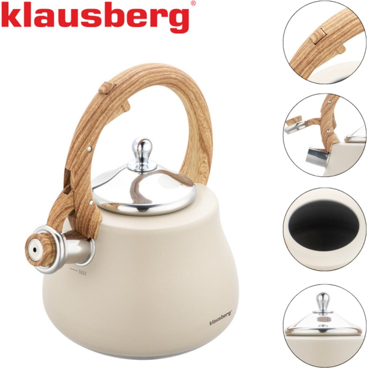Klausberg Waterkoker 2.8L RVS - Fluitekettle voor Alle Hittebronnen (Inductie, Gas) - Beige met Hout Look Handvat - MODESTNOVA