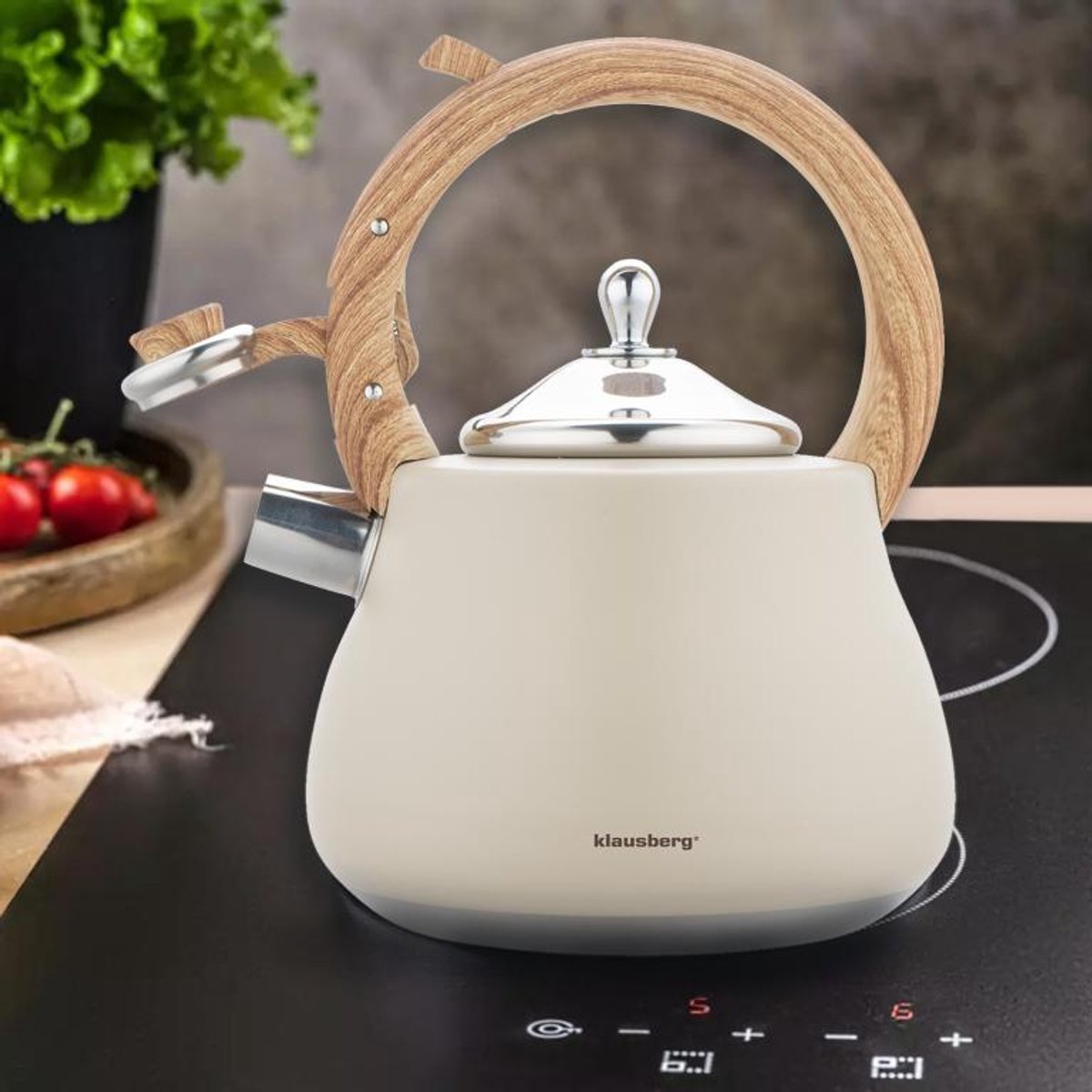 Klausberg Waterkoker 2.8L RVS - Fluitekettle voor Alle Hittebronnen (Inductie, Gas) - Beige met Hout Look Handvat - MODESTNOVA