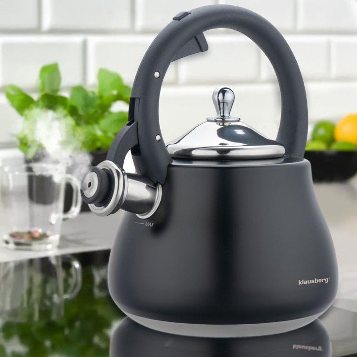 Klausberg Waterkoker 2.8L RVS - Fluitekettle voor Alle Hittebronnen (Inductie, Gas) - Zwart - Fluitketel - Waterkoker - Waterketel - MODESTNOVA