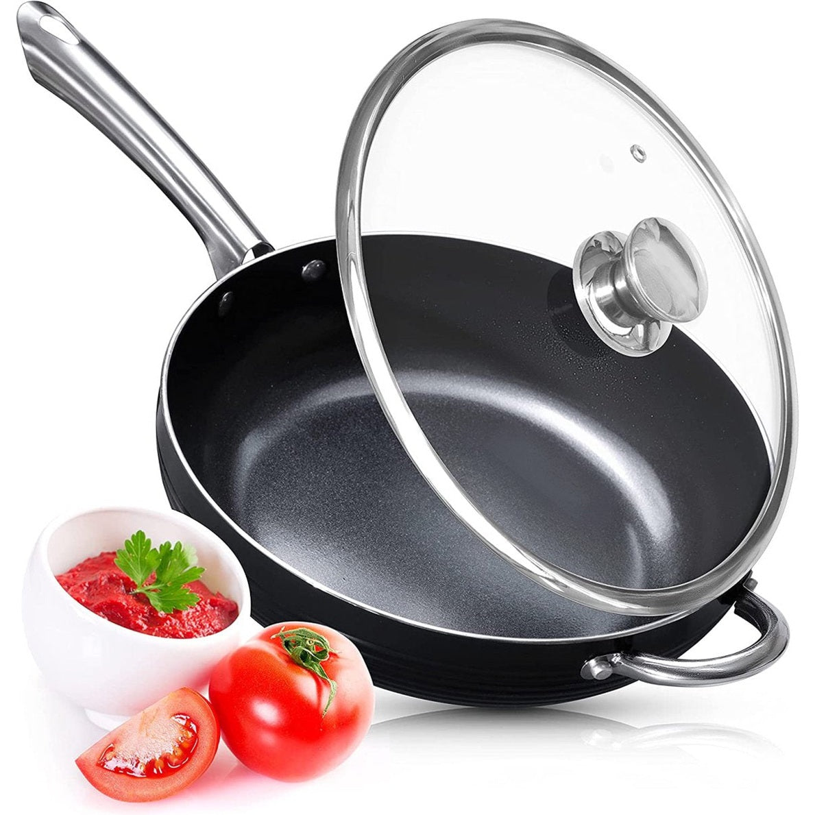 Koekenpan met deksel Non Stick Deep Saute Pan - Wok met extra handvat - 28 cm - Keramische coating - RVS - Inductie