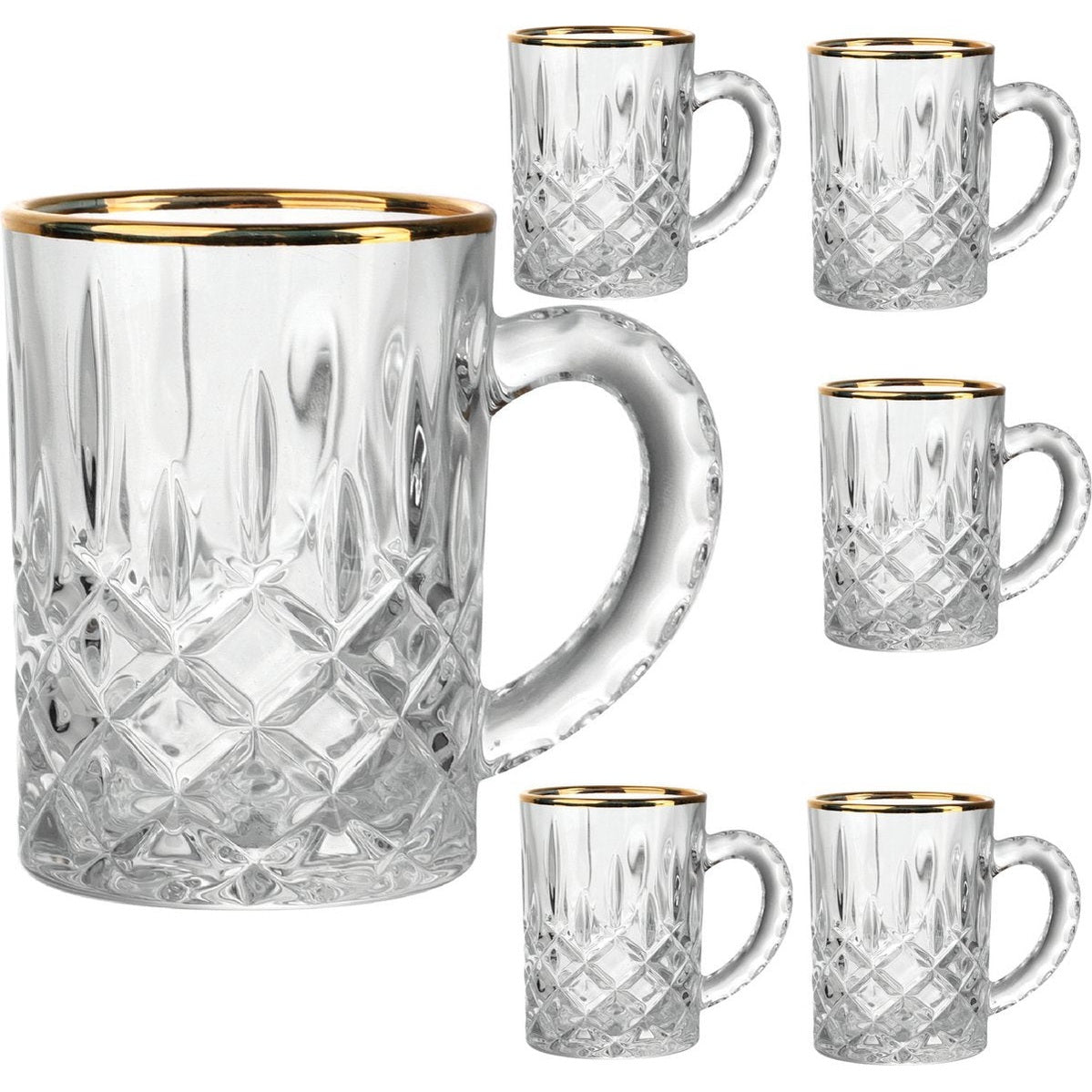 Luxe Glazen gouden rand met oortje - set van 6-Layla glas-Gold glazen-Decorini theeglazen-mooie glazen met oor-Theebekers met gouden rand