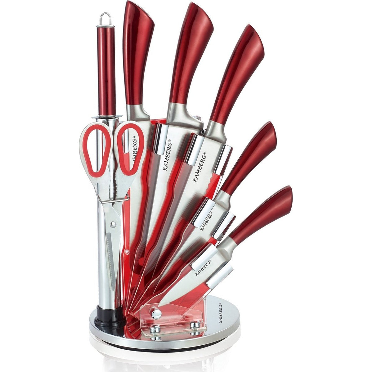 Luxe Messenset 8 delig Inclusief standaard - Keukenmessen - Rood / RVS - Incl. Messenslijper