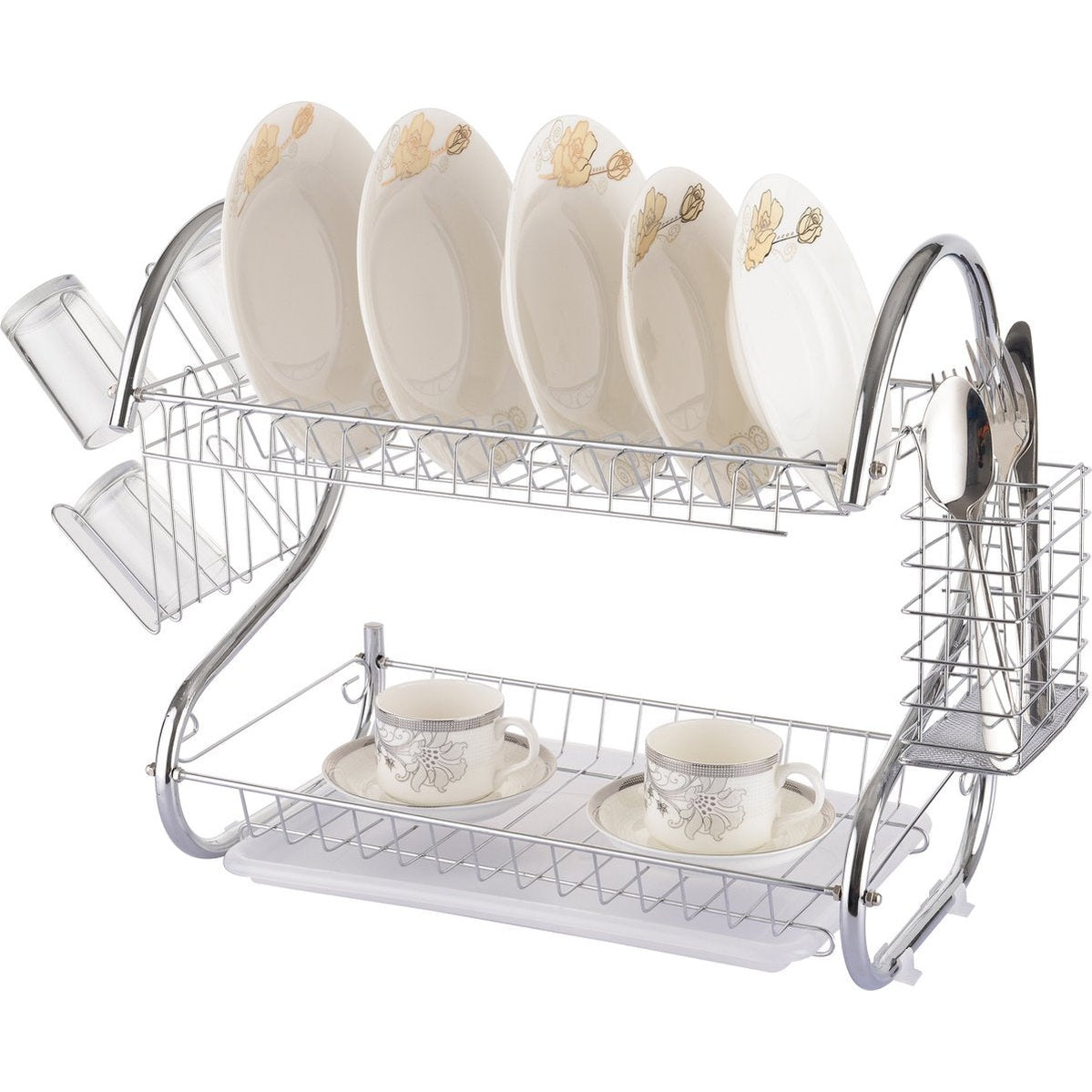 Luxe Metalen Afdruiprek Met Lekbak | Afwas Druiprek | Vaatwasser Rek Met Bestekmand | RVS | 2 Etages | Verchroomd