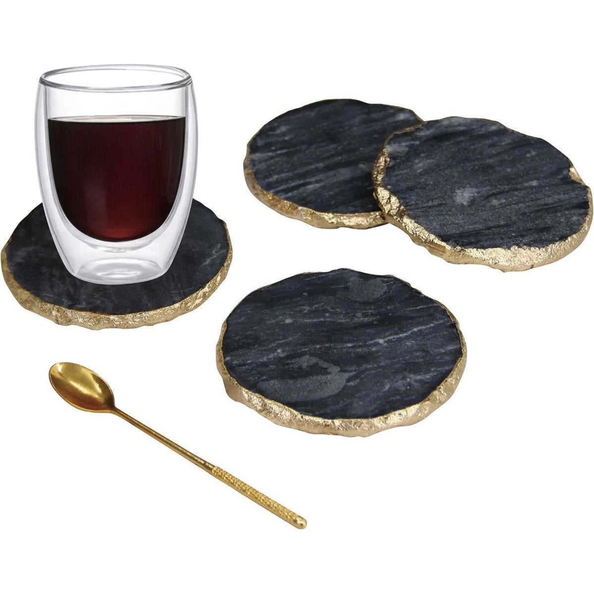 Marmer Onderzetters  4-delig - onderzetters voor glazen -  marmer onderlegger - luxe onderzetter(set) zwart/goud