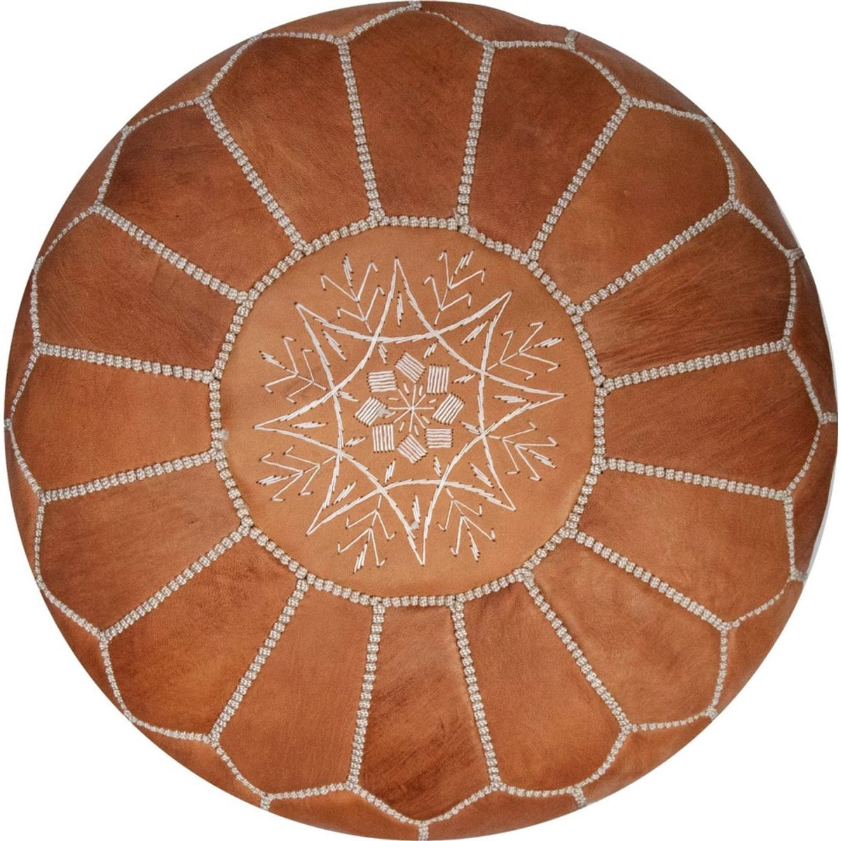 Marokkaanse Leren Poef – Handgemaakt & Gevuld Geleverd – Ø 55 cm – Bruin (Natural Tan) – Multifunctioneel als Voetenbank, Bijzettafel of Sitzak