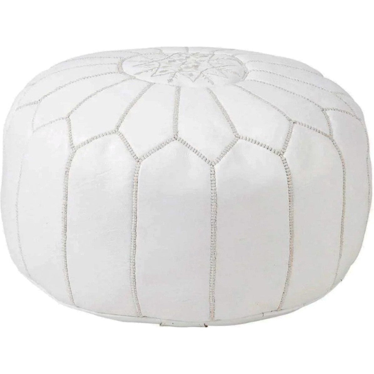 | Marokkaanse Leren Poef | Wit | 50 Ø | H 30cm | Handgemaakt | Gevuld geleverd |