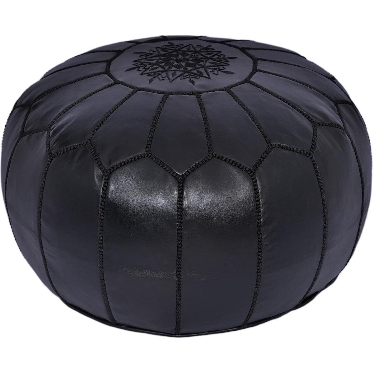 | Marokkaanse Poef | Zwart | Handgemaakt | Leer | 50 Ø | Gevuld geleverd |