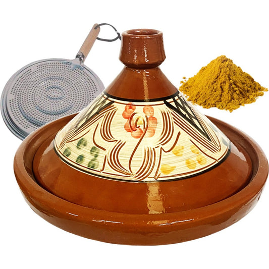 Marokkaanse aardewerk authentieke tajine 35 cm + Kruiden en vlamverdeler