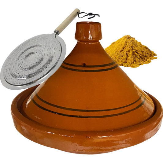 Marokkaanse authentieke aardewerk tajine 35 cm + Kruiden en vlamverdeler - cadeau pakket
