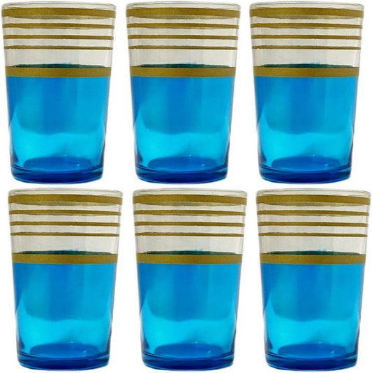 Marokkaanse glazen blauw en goud 6 stk.
