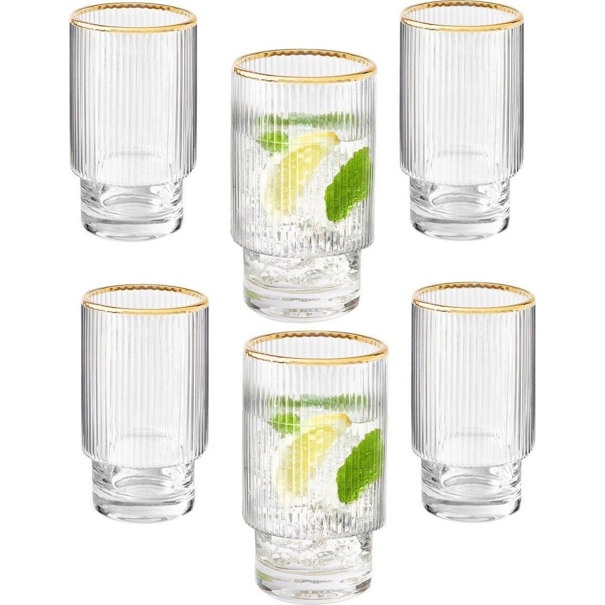 Ripple longdrinkglazen - Goude rand - 6 Delig Set -295 ml - Origami-stijl - glazen beker - Ripple vintage glaswerk