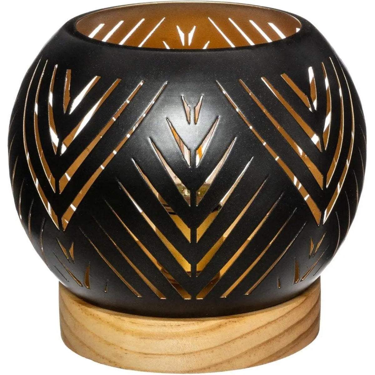 Ronde LED lantaarn - Exotische uitstraling - Ø14.5 cm - Houten voet - Metaal