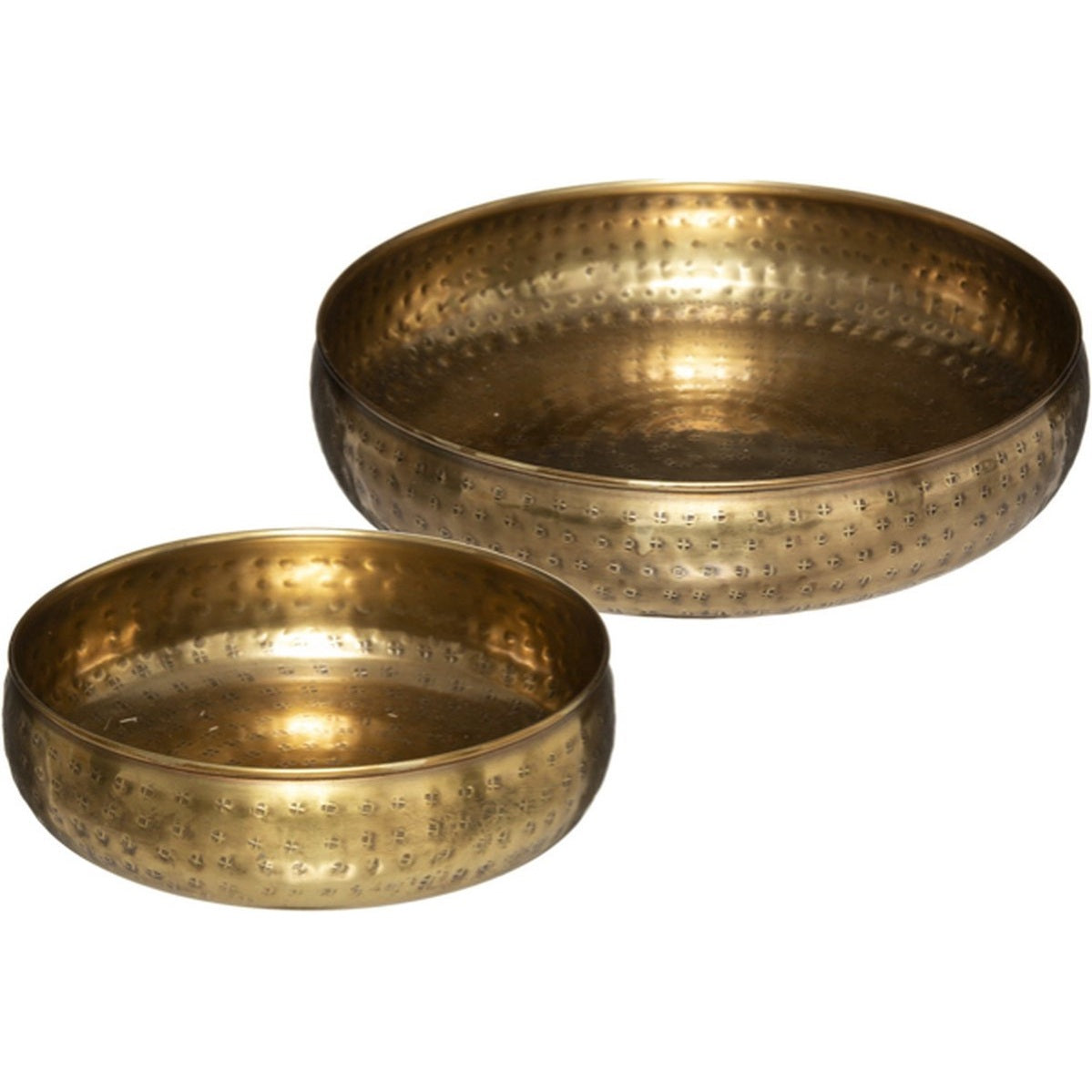 Schalen set van 2 stuks goudkleurig bewerkt metaal d. 30.5cm en 20 cm